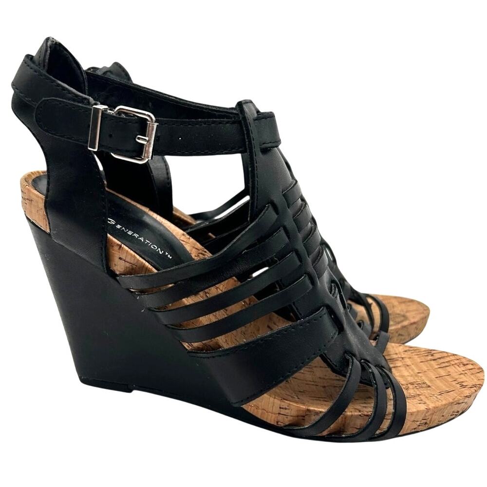 BCBGeneration Blayne Wedge Sandal Black Leather Strappy Cork Heel Size 7